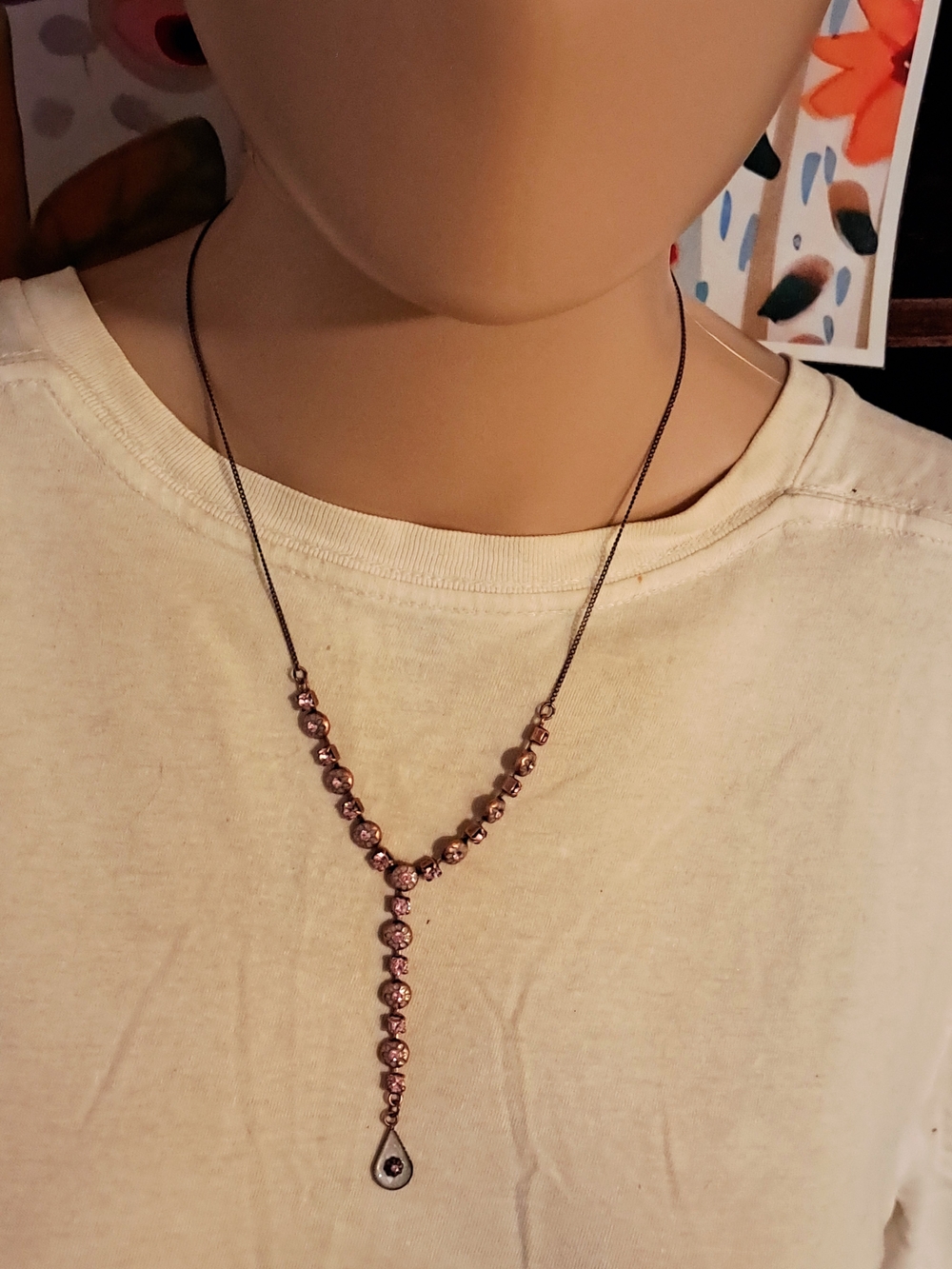 Avon Daisy Rose Gold Tone Pink Gem Y-Drop Necklace
